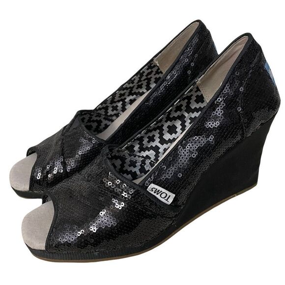 TOMS BLACK SEQUIN WEDGE 3”‎ heel SLIP ON SHOES size women’s 6.5 - Picture 5 of 9